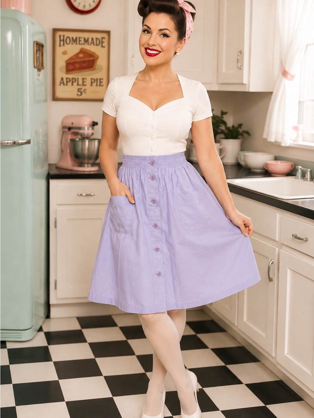 Vintage Bright Lavender Purple Button-Front Women’s Midi Skirt